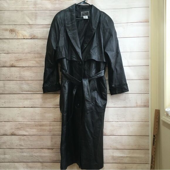 VINTAGE LIZ BAKER ESSENTIALS BLACK LEATHER FULL LENGTH TRENCH COAT - Picture 1 of 12